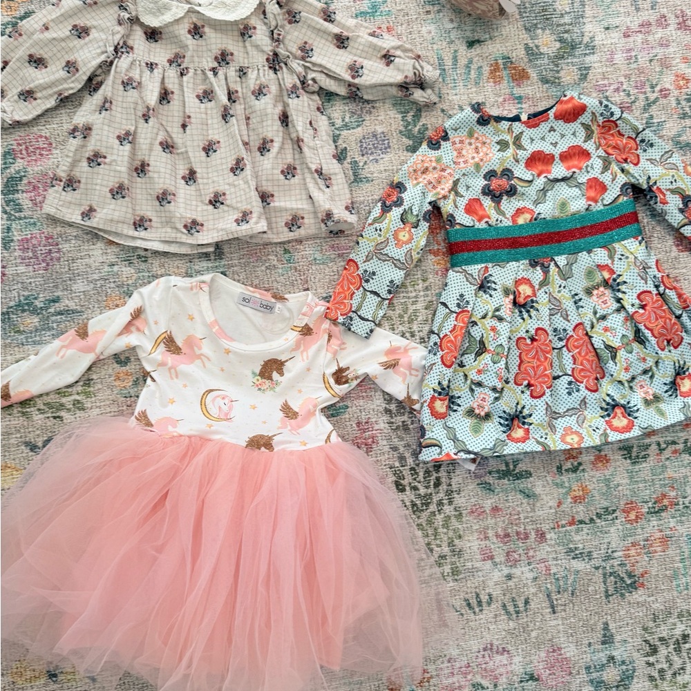 3 Designer Dresses ! Sz 2t pan con chocolate, cera una volta, sol baby